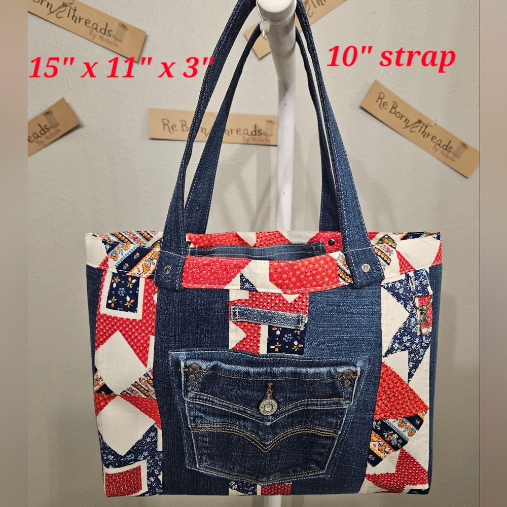 Denim Patchwork Tote Bag - Blue & Red